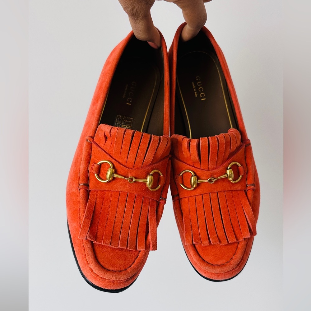 Gucci Orange Suede Fringe Horsebit Loafers 38.5 - Picture 1 of 14